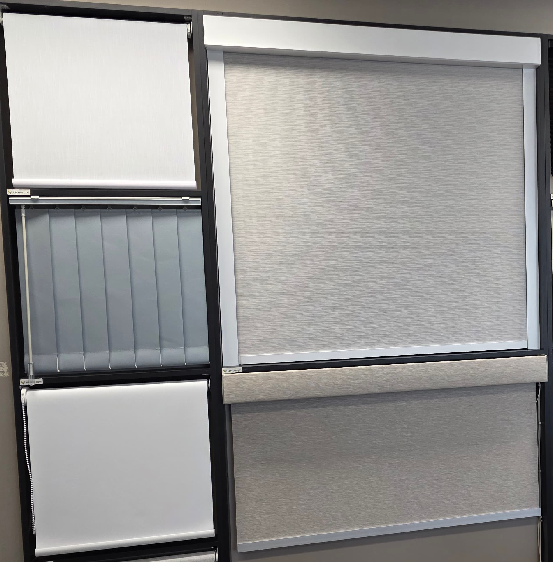 Roller and vertical blinds display, multiple fabric and colour options